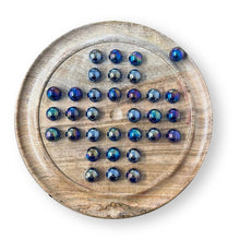 Load image into Gallery viewer, 30cm Diameter MANGO WOOD SOLITAIRE BOARD GAME with Lustered Blue Glass Marbles | |classic wooden solitaire game | strategy board game | family board game | games for one | board games