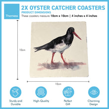 Load image into Gallery viewer, 2 x OYSTER CATCHER STONE COASTERS | Stone Coasters | Animal novelty gift | Coaster for glass, mugs and cups| Square coaster for drinks | Beach gift | Meg Hawkins art | 10cm x 10cm