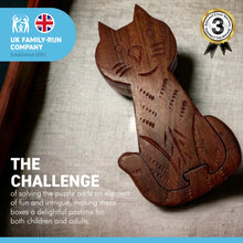 Load image into Gallery viewer, 4-piece Pussy Cat Wooden Puzzle Box | Wooden Cat Puzzle Box | Handmade wooden puzzle box | Handmade Wooden trinket secrets Box | Sustainable Shesham wooden hand carved box | 17cm (w) x 5cm (h)