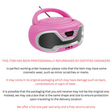 Load image into Gallery viewer, Pink Oakcastle CD200 PORTABLE CD PLAYER BOOMBOX with Bluetooth & FM Radio, 3.5mm AUX headphone jack and USB input, mains and battery music system for adults and children with stereo sound speakers