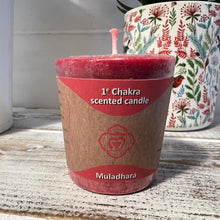 Load image into Gallery viewer, Root (Red) - Chakra Candle  | Standing at about 4.5 centimetres tall (1.75 inches), emanates an aura of rustic charm, invoking the essence of the earth itself.