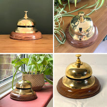 Load image into Gallery viewer, Elegant Brass Reception Desk Bell with Wooden Base , Ideal for Hotels, Schools, and Restaurants (12cm W x 10cm H)