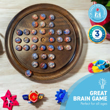 Load image into Gallery viewer, 30cm Diameter WOODEN SOLITAIRE BOARD GAME with FUNFAIR GLASS MARBLES | classic wooden solitaire game | strategy board game | family board game | games for one | board games