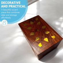 Load image into Gallery viewer, Handcrafted Sheesham Wood Keepsake Trinket Box with Brass Leaf Inlay on Lid & Intricate Jali Openwork Around Sides