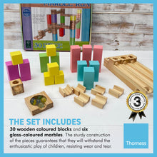 Load image into Gallery viewer, WOODEN 30 piece MARBLE RUN with six coloured glass marbles | Create and build different marble runs | Helps problem solving creativity and hand to eye coordination | Suitable for 4 and above