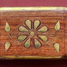 Load image into Gallery viewer, Wooden Treasure Chest Trinket Box with Tapered Ends and Brass Floral Inlay | Shesham Rosewood Keepsake Box, Distressed Finish, 25cm x 7cm x 9cm
