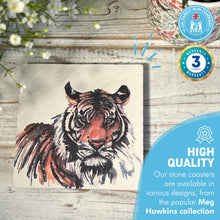 Load image into Gallery viewer, TIGER STONE COASTER | Stone Coasters | Animal novelty gift | Coaster for glass, mugs and cups| Square coaster for drinks | Tiger gift | Meg Hawkins art | 10cm x 10cm
