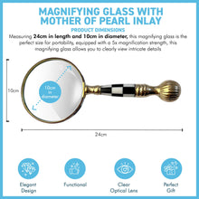 Load image into Gallery viewer, Magnifying Glass with Mother of Pearl Inlay and ball and chess patterned handle, elegant decorative handheld magnifier for reading and collecting