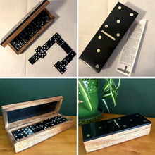 Load image into Gallery viewer, 𝗛𝗔𝗡𝗗𝗖𝗥𝗔𝗙𝗧𝗘𝗗 𝗪𝗢𝗢𝗗𝗘𝗡 𝗗𝗢𝗠𝗜𝗡𝗢 𝗦𝗘𝗧 with Silver Inlay and Acrylic Hinged Lid – Black & Natural Wood, Elegant Game Night Gift