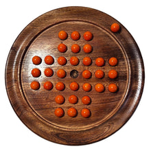 Load image into Gallery viewer, 22cm Diameter wooden SOLITAIRE BOARD GAME with OPAL ORANGE GLASS MARBLES | classic wooden solitaire game | strategy board game | family board game | games for one | board games