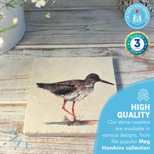Load image into Gallery viewer, REDSHANK STONE COASTER | Stone Coasters | Animal novelty gift | Coaster for glass, mugs and cups| Square coaster for drinks | Bird gift | Meg Hawkins art | 10cm x 10cm