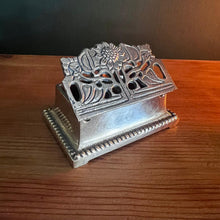 Load image into Gallery viewer, Antique style brass sunflower postage stamp holder and inkwell – polished brass desk organizer and storage