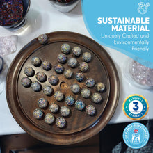 Load image into Gallery viewer, 30cm Diameter WOODEN SOLITAIRE BOARD GAME with GLITTERBOMB GLASS MARBLES | classic wooden solitaire game | strategy board game | family board game | games for one | board games