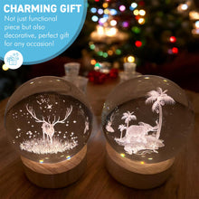Load image into Gallery viewer, Set of Two 3D Crystal Ball Night Light USB Lamp with Reindeer and Elephant designs, elegant modern illumination for any room