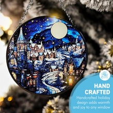 Load image into Gallery viewer, 15cm Diameter Stained Glass Suncatcher, WINTER SCENE DESIGN, festive holiday window decor