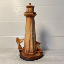 Load image into Gallery viewer, Handcrafted Wood-Effect Lighthouse: 22cm Height, Intricate Carving, Adorned with Whale Tail Design