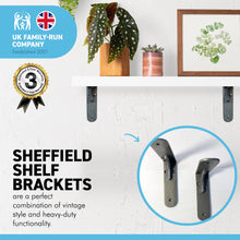 Load image into Gallery viewer, 2 X SHEFFIELD TRADITIONAL SHELF BRACKETS - 5x5 Inch Cast Iron Pair of Heavy Duty Wall Brackets for Shelves | Shelf Brackets| Living Room Shelf | Vintage Wall Shelf brackets | Natural aged iron finish | scaffold board bracket