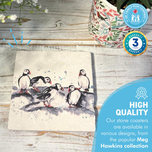 PUFFIN STONE COASTER | Stone Coasters | Animal novelty gift | Coaster for glass, mugs and cups| Square coaster for drinks | Puffin gift | Meg Hawkins art | 10cm x 10cm