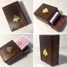 Load image into Gallery viewer, Handcrafted brown wooden playing card box with brass Ace of Spades design