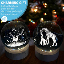 Load image into Gallery viewer, Set of Two 3D Crystal Ball Night Light USB Lamp with Reindeer and Giraffe designs, elegant modern illumination for any room