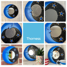 Load image into Gallery viewer, Blue moon and stars mirror | Moon mirrors for wall |Mirror wall art decor | Hanging mirror | Decorative mirror for bedroom bathroom | 20cm diameter
