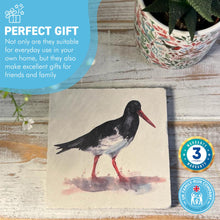 Load image into Gallery viewer, OYSTER CATCHER STONE COASTER | Stone Coasters | Animal novelty gift | Coaster for glass, mugs and cups| Square coaster for drinks | Beach gift | Meg Hawkins art | 10cm x 10cm