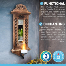 Load image into Gallery viewer, Wooden wall mirror with candle sconce | Wall mounted candle holder | Candle sconce decoration | Gothic kitchen living decoration | Hanging candle holder | 50cm x 18cm