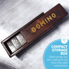 Load image into Gallery viewer, Wooden Domino Set in wooden box with Sliding Lid, includes premium domino pieces