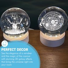 Load image into Gallery viewer, Set of Two 3D Crystal Ball Night Light USB Lamp with Galaxy and Reindeer designs, elegant modern illumination for any room