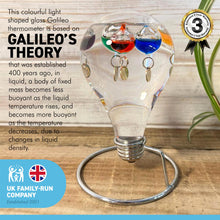 Load image into Gallery viewer, GALILEO THERMOMETER LIGHT BULB SHAPED on Stand | Multicoloured | Temperature Gauge | with 5 floating temperature baubles