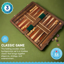 Load image into Gallery viewer, Folding WOODEN INLAID BACKGAMMON SET 32cm x 26cm | Classic Strategy Board Game | Wooden playing pieces and dice | Travel back gammon| Backgammon