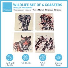 Load image into Gallery viewer, WILDLIFE SET OF 4 COASTERS | Leopard | Giraffe | Tiger | Elephant | Stone Coasters | Animal novelty gift | Coaster for glass, mugs and cups| Square coaster for drinks | Meg Hawkins art | 10cm x 10cm