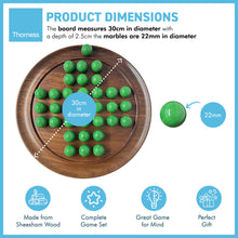 Load image into Gallery viewer, 30cm Diameter WOODEN SOLITAIRE BOARD GAME with Pea Green Glass Marbles | |classic wooden solitaire game | strategy board game | family board game | games for one | board games