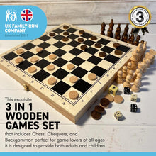 Load image into Gallery viewer, WOODEN CHESS BACKGAMMON CHEQUERS GAME COMPENDIUM | 3 in 1 Wooden Games Set | Travel Games Set | Portable Board Games | Wooden Games | Traditional Games