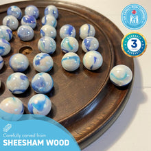 Load image into Gallery viewer, 30cm Diameter WOODEN SOLITAIRE BOARD GAME with JELLYFISH GLASS MARBLES | classic wooden solitaire game | strategy board game | family board game | games for one | board games