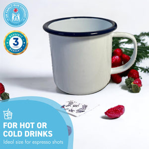 ENAMEL MUG with BLUE RIM | Camping mugs | Travel mug | Small mug | Enamel tumbler cup | Mug for tea, coffee and hot drinks | 285ml 8cm (H) x 9cm (D)