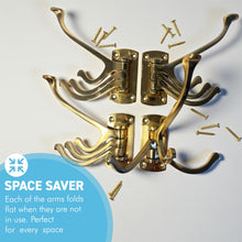Load image into Gallery viewer, Set of four Polished Brass 𝟯-𝗣𝗥𝗢𝗡𝗚 𝗦𝗪𝗜𝗩𝗘𝗟 𝗖𝗢𝗔𝗧 𝗛𝗢𝗢𝗞𝗦, Folding Wall Mount Hanger with Screws Included