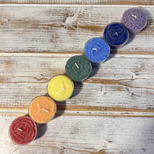 Load image into Gallery viewer, Chakra tea light candles set of 7 | each a different colour and with a different fragrance to represent 7 chakras | 100% pure natural Palm Wax and contain 3% pure essential oils