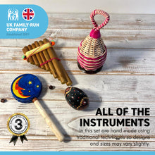 Load image into Gallery viewer, ROUND THE WORLD 4 PIECE MUSICAL INSTRUMENT GIFT BOX | A selection of Fair Trade percussion and wind instruments celebrating music from around the world | musical delights and global sounds from around the world.
