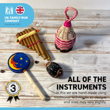 Load image into Gallery viewer, ROUND THE WORLD 4 PIECE MUSICAL INSTRUMENT GIFT BOX | A selection of Fair Trade percussion and wind instruments celebrating music from around the world | musical delights and global sounds from around the world.