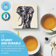 Load image into Gallery viewer, ELEPHANT STONE COASTER | Stone Coasters | Animal novelty gift | Coaster for glass, mugs and cups| Square coaster for drinks | Elephant gift | Meg Hawkins art | 10cm x 10cm