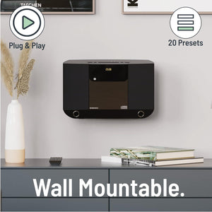 Wall Mountable CD Player with Bluetooth | Compact 40W Hi-Fi Stereo System | FM Radio, 20 Presets, & Custom EQ Settings | AUX input, 3.5mm Jack | MP3 Playback | Remote Control | OAKCASTLE HIFI100