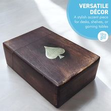 Load image into Gallery viewer, Handcrafted brown wooden playing card box with brass Ace of Spades design