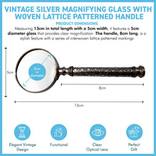 Load image into Gallery viewer, Vintage Silver Handheld Magnifier with woven lattice pattern handle, perfect for reading and precision tasks