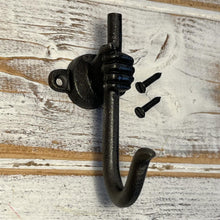 Load image into Gallery viewer, Antique style Iron Coat Hook, Single Hand Grasping Shepherd's Staff Design, 90mm Cast Iron Wall Mount