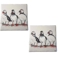 Load image into Gallery viewer, Two Puffin Stone Coasters with watercolour illustration, Decorative Wildlife Coasters, British artist, Meg Hawkins