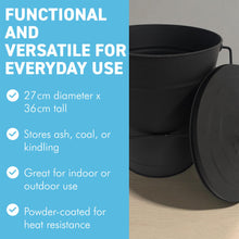 Load image into Gallery viewer, 𝗠𝗔𝗧𝗧 𝗕𝗟𝗔𝗖𝗞 𝟭𝟮" 𝗔𝗦𝗛 𝗕𝗨𝗖𝗞𝗘𝗧 𝗪𝗜𝗧𝗛 𝗟𝗜𝗗 | 𝗛𝟯𝟲𝗖𝗠 𝗫 𝗗𝗜𝗔. 𝟮𝟴𝗖𝗠 | Coal & Ash Storage Bucket with Handle | Heat-Resistant Metal Fireside Accessory for Fireplace | Log Burner | Stove or Fire Pit | Ash Collection