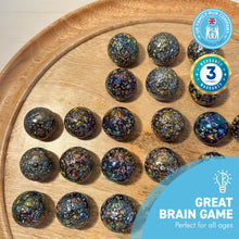 Load image into Gallery viewer, 30cm Diameter WOODEN SOLITAIRE BOARD GAME with GLITTERBOMB GLASS MARBLES | classic wooden solitaire game | strategy board game | family board game | games for one | board games