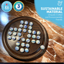 Load image into Gallery viewer, 30cm Diameter WOODEN SOLITAIRE BOARD GAME with JELLYFISH GLASS MARBLES | classic wooden solitaire game | strategy board game | family board game | games for one | board games