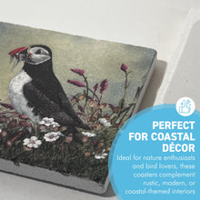 Load image into Gallery viewer, 2 x Green Stone Coasters with Puffin, Wildlife Watercolour Design, Wildlife Coasters